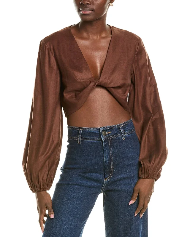 BCBGMAXAZRIA Twist Front Linen-Blend Crop Top